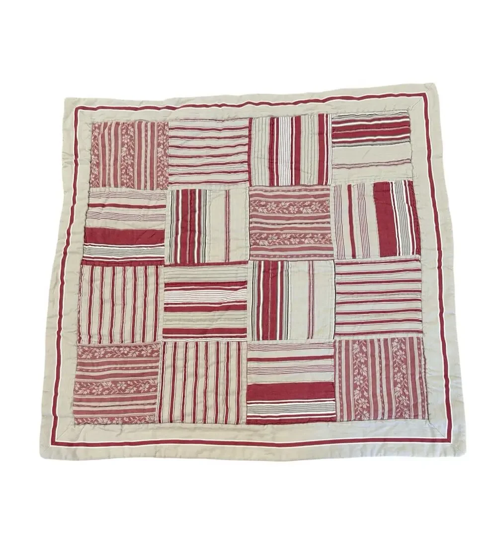 Pottery Barn Vintage Stripe Patchwork Quilted Pillow Sham Red & Ivory 26” X 26”